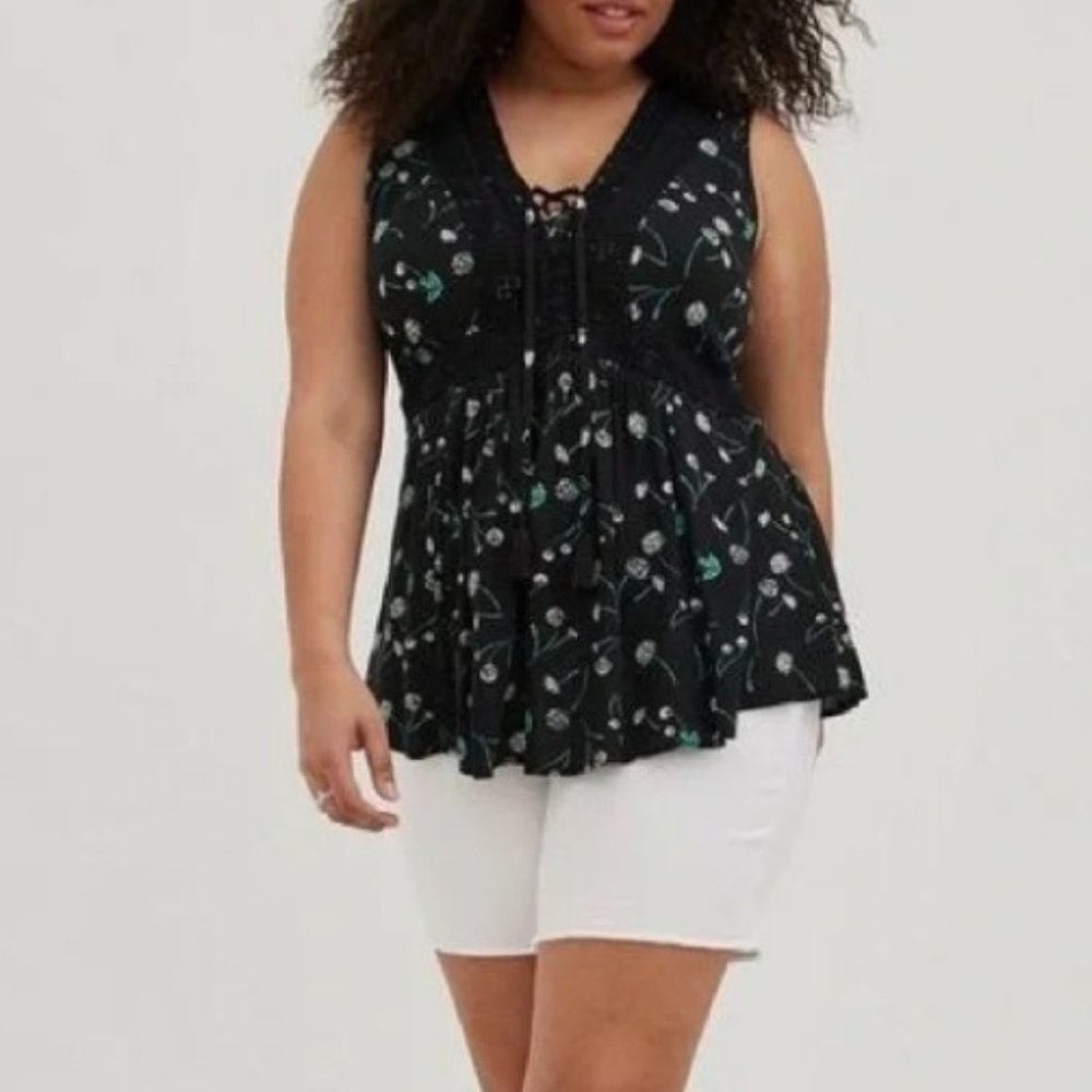 Torrid- Babydoll Crinkle Gauze Crochet Inset Lace-Up Top